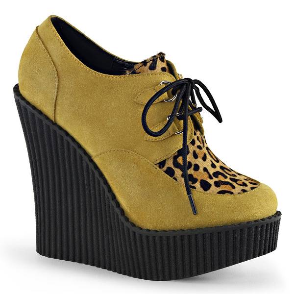 Demonia Women's Creeper-304 Wedge Oxford Shoes - Mustard Vegan Suede/Animal D8421-67US Clearance